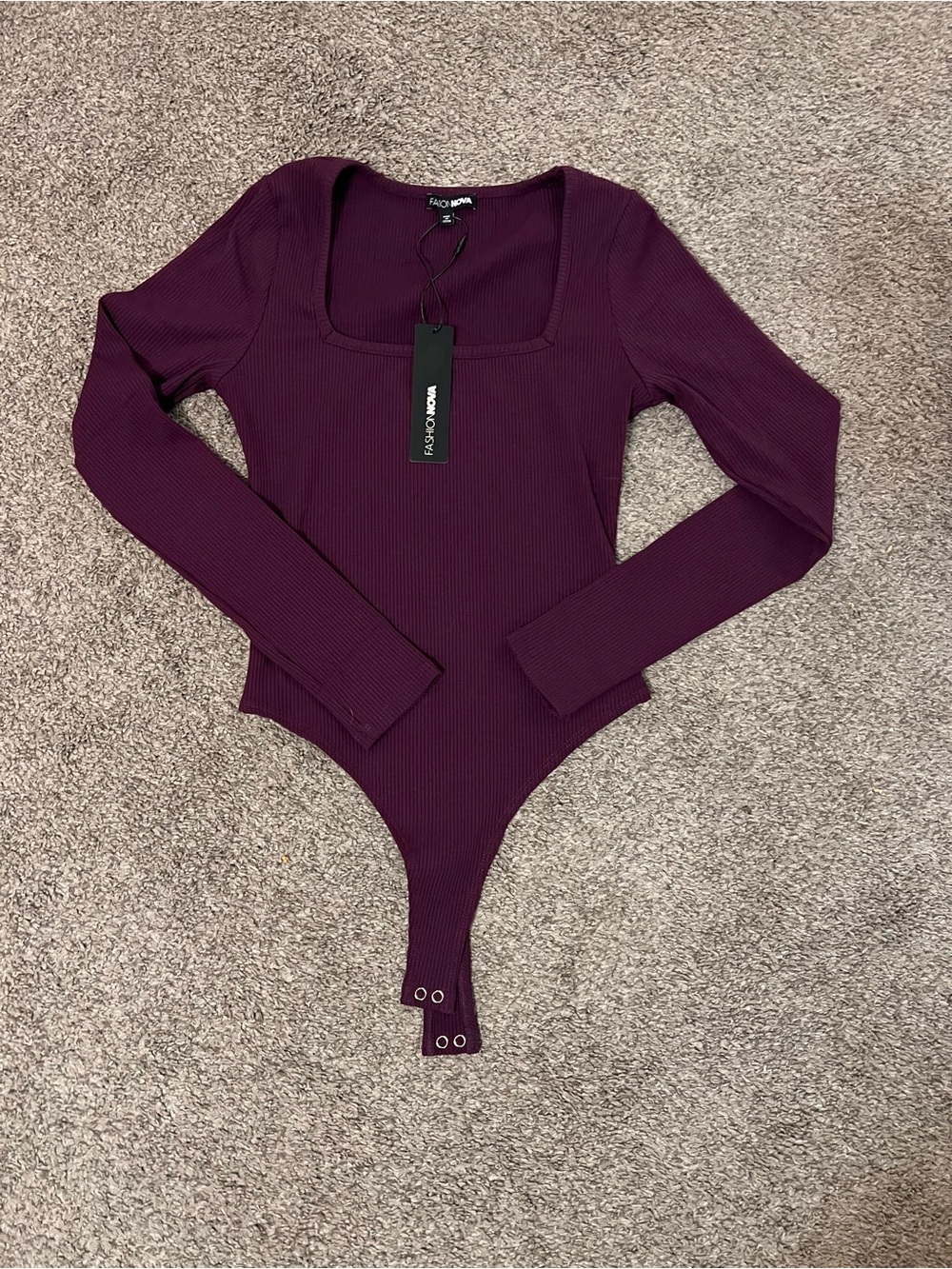 Fashion Nova Deep Plum Ribbed Long-Sleeve Bodysuit